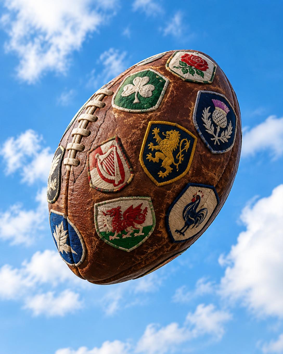Rugby ball covered in club patches against a blue sky